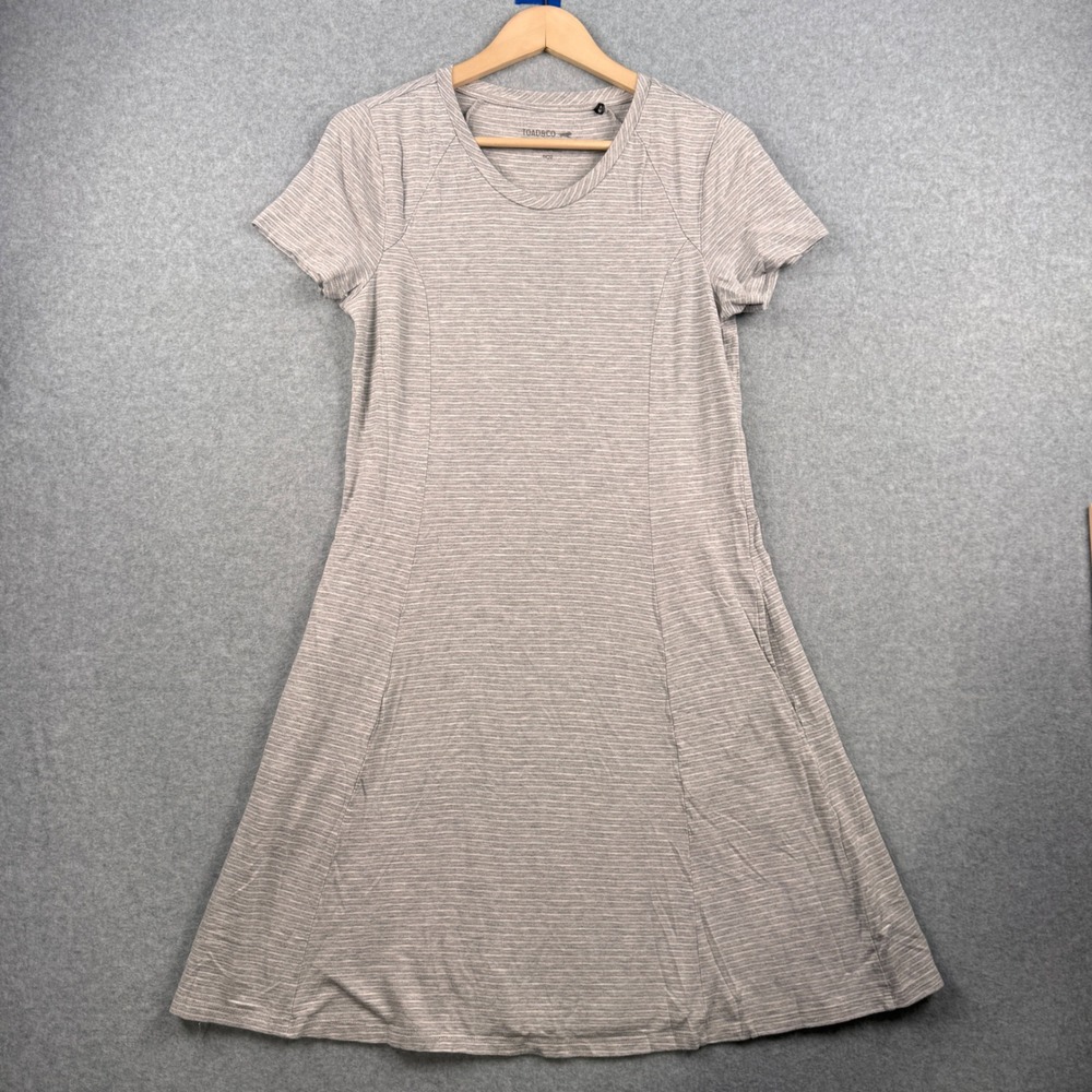 Toad&Co Dress Womens Medium‎ Gray Striped T Shirt A Line Pockets Eco Summer